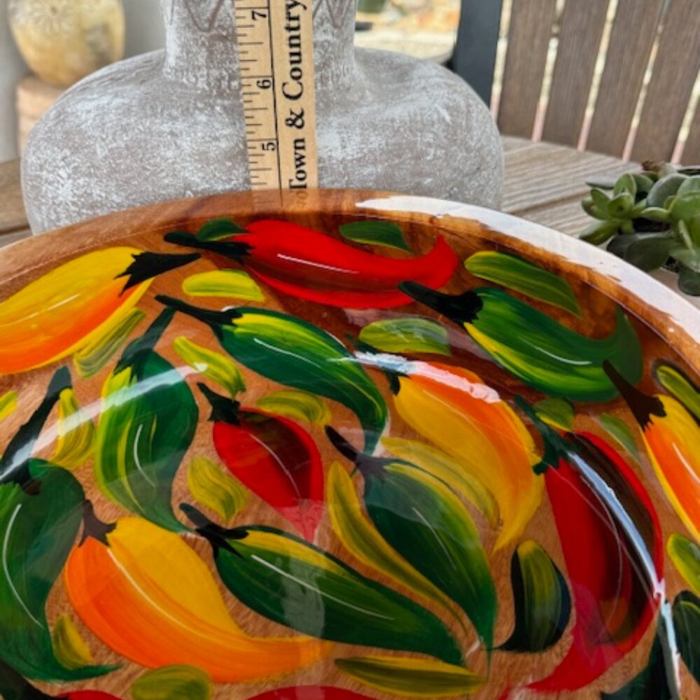 Handcrafted Wood Bowl with Hand Painted Red Yellow and Green Peppers - Picture 9 of 9